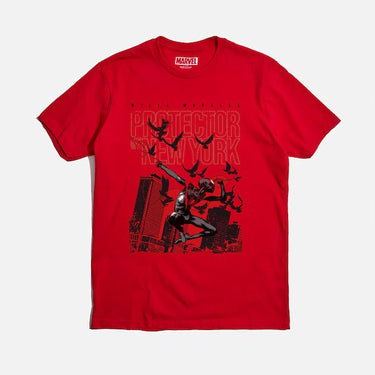 Red T-shirt with Miles Morales swinging through New York and the text "Protector of New York."