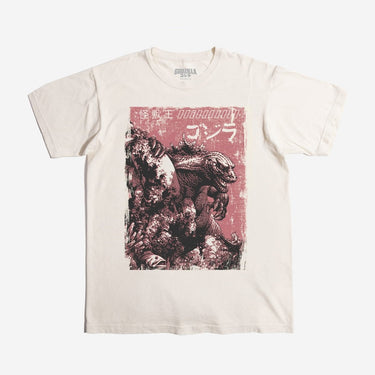 Off-White t-shirt with a graphic design of Godzilla and Japanese text on a white background