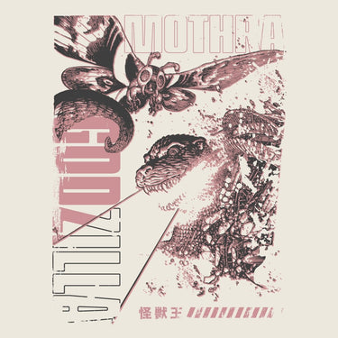 A graphic design of Godzilla, Mothra and Japanese text on a white background