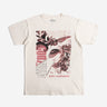 Off-White t-shirt with a graphic design of Godzilla, Mothra and Japanese text on a white background