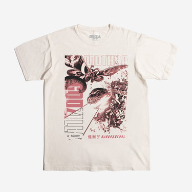 Off-White t-shirt with a graphic design of Godzilla, Mothra and Japanese text on a white background