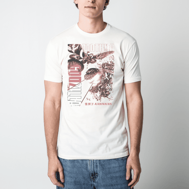 Man in a Off-White t-shirt with a graphic design of Godzilla, Mothra and Japanese text on a white background