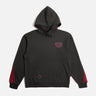 A black Darth Maul hoodie with red and gray accents, featuring embroidered patches and text, and a printed character depiction on the back.