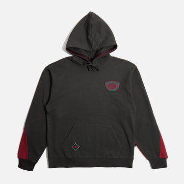 A black Darth Maul hoodie with red and gray accents, featuring embroidered patches and text, and a printed character depiction on the back.