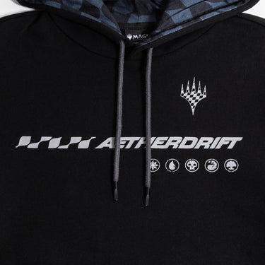 Aetherdrift Black Hoodie with bold futuristic graphics and printed Aetherdrift logo on front and hood lining.