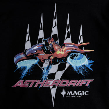 Aetherdrift Black Hoodie featuring futuristic Aetherdrift logo and Magic: The Gathering design on black fabric.
