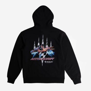 Back view of the Aetherdrift Black Hoodie featuring bold futuristic graphics and Aetherdrift logo from Magic: The Gathering.