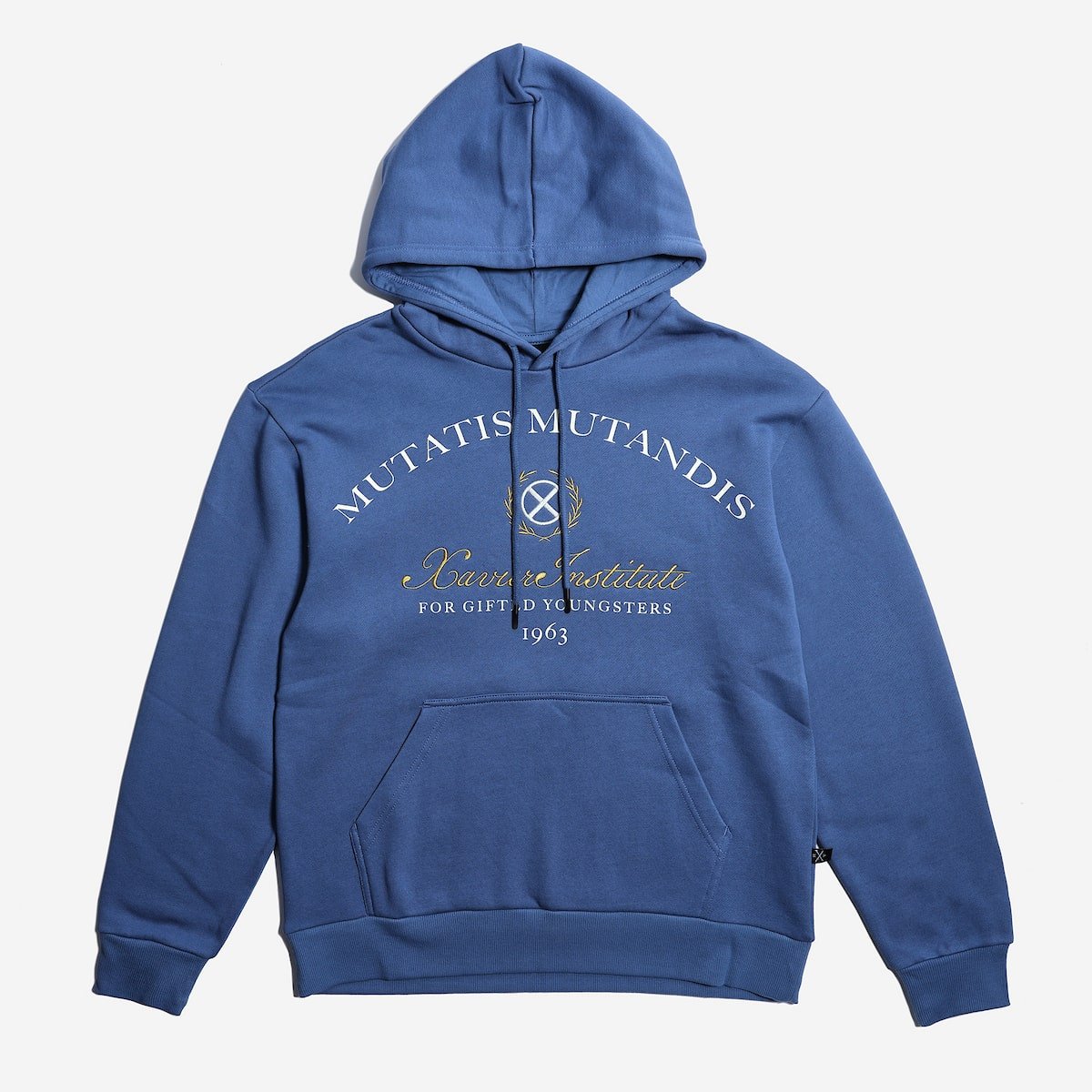Blue X-Men hoodie with text and design on a white background