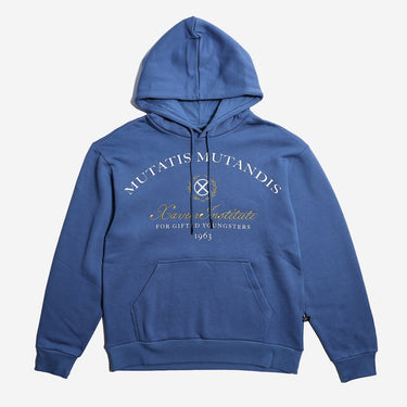 Blue X-Men hoodie with text and design on a white background