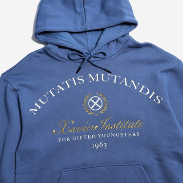 Blue hoodie with 'Mutatis Mutandis' text and logo on a white background