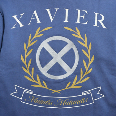 Blue Hoodie Close Up with 'Xavier' and a symbol on a blue background