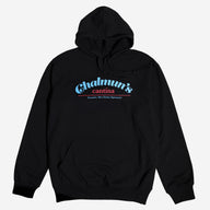 Black hoodie with 'Chalmun's cantina' text on a white background
