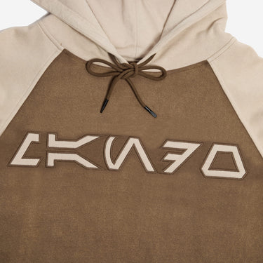 Star Wars Mandalorian Hoodie with brown front and beige sleeves on a white background. 