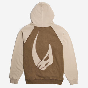 Star Wars Mandalorian Hoodie with brown main panel with Mudhorn Patch and beige sleeves on a white background. 