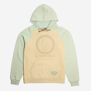 Two-tone Star Wars Mandalorian hoodie with light green sleeves and beige front on a white background
