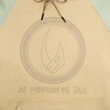 Two toned Mandalorian Themed Hoodie with a Large Mudhorn Embroidery on the front and Mando'a that reads "The Mandalorian and Grogu" 