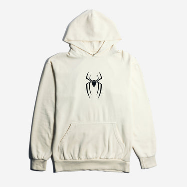 An off-white pullover hoodie with a black spider-man logo printed on the chest, displayed against a light gray background.