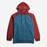 A Spider-Man themed pullover hoodie with a blue body, red quilted raglan sleeves and hood, and a subtle spider logo on the chest, shown against a light gray background.