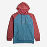 A Spider-Man themed pullover hoodie with a blue body, quilted dusty red sleeves and hood, and a silver spider logo on the chest, shown against a light gray background.