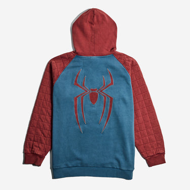 A Spider-Man hooded sweatshirt shown from the back, featuring a blue center panel with a large red spider logo, red quilted sleeves and hood, and ribbed cuffs and hem, photographed on a light gray background.