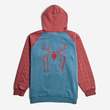 A Spider-Man themed pullover hoodie with a blue body, quilted dusty red sleeves and hood, and a silver spider logo on the chest, shown against a light gray background.