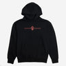 Black Hoodie on a white background with a "Warriors of Mandalore" Graphic in Aurebesh on the front with a Mythosaur