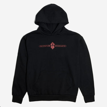 Black Hoodie on a white background with a "Warriors of Mandalore" Graphic in Aurebesh on the front with a Mythosaur