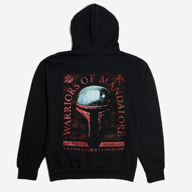 A Black Star Wars Hoodie with a graphic on the back showing Boba Fetts Helmet with "Warriors Of Mandalore" text in an arch over the helmet