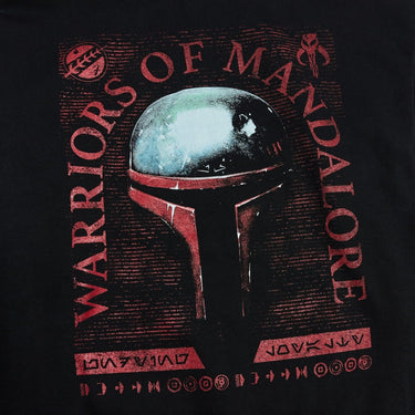 A Black Star Wars Hoodie with a graphic on the back showing Boba Fetts Helmet with "Warriors Of Mandalore" text in an arch over the helmet