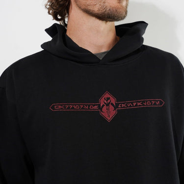 Black hoodie with a red logo reading "Warriors of Mandalore" on a white background