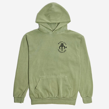 Green hoodie with a Warriors of Mandalore logo on the chest against a white background
