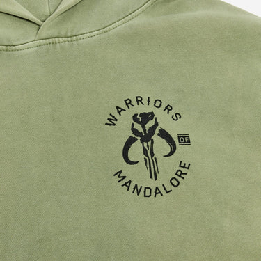 Green hoodie with 'Warriors of Mandalore' logo on a plain background
