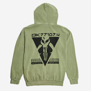 Green hoodie with a Warriors of Mandalore logo on the back against a white background