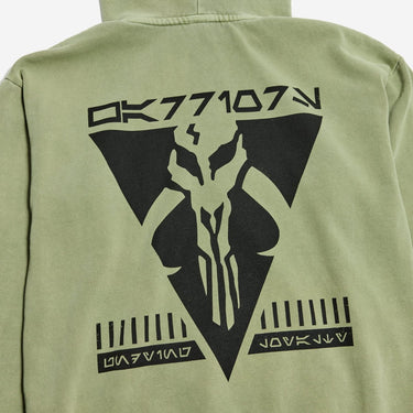 Green hoodie with a Warriors of Mandalore logo against a white background