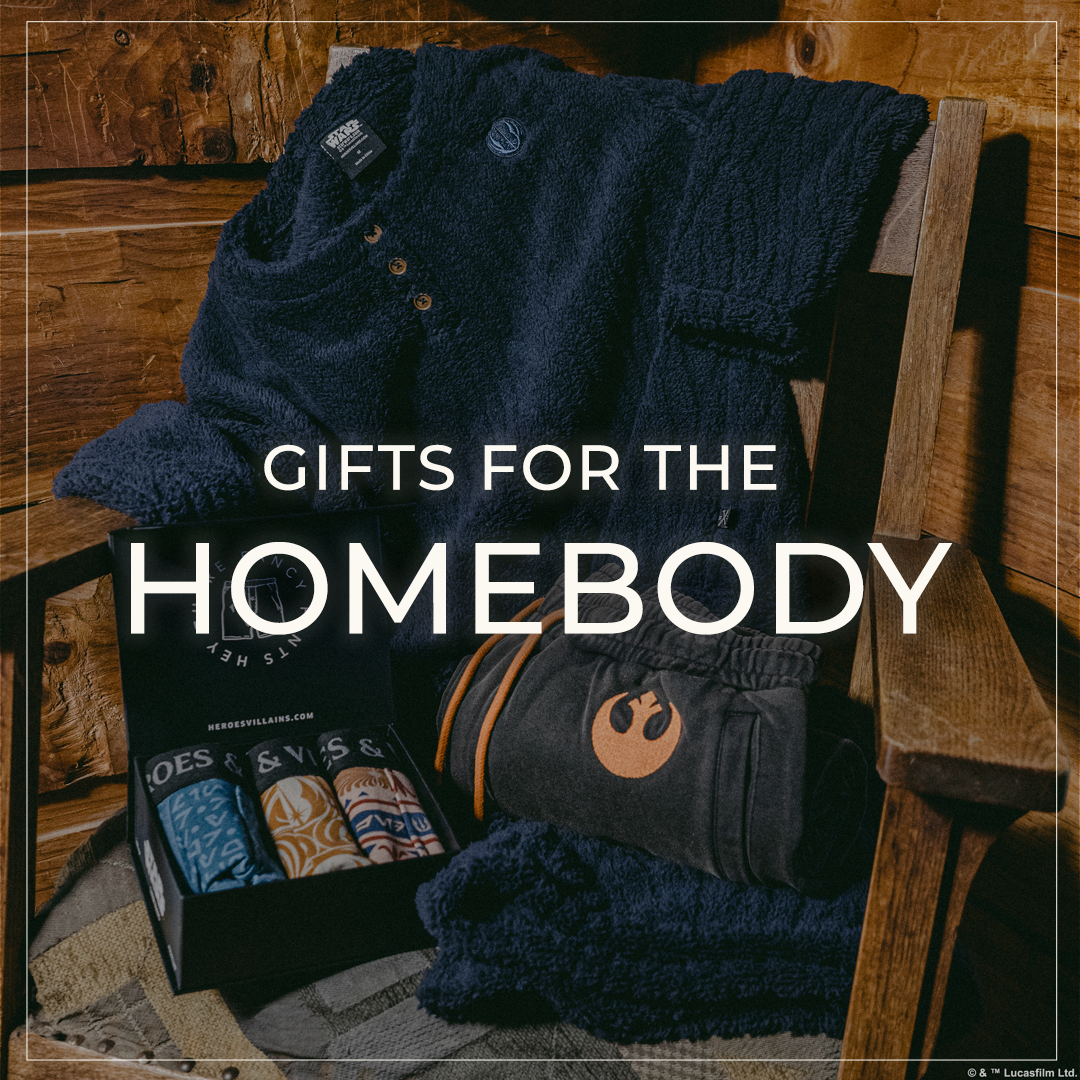 "GIFTS FOR THE HOMEBODY" text overlayed on an image with Star Wars Loungewear