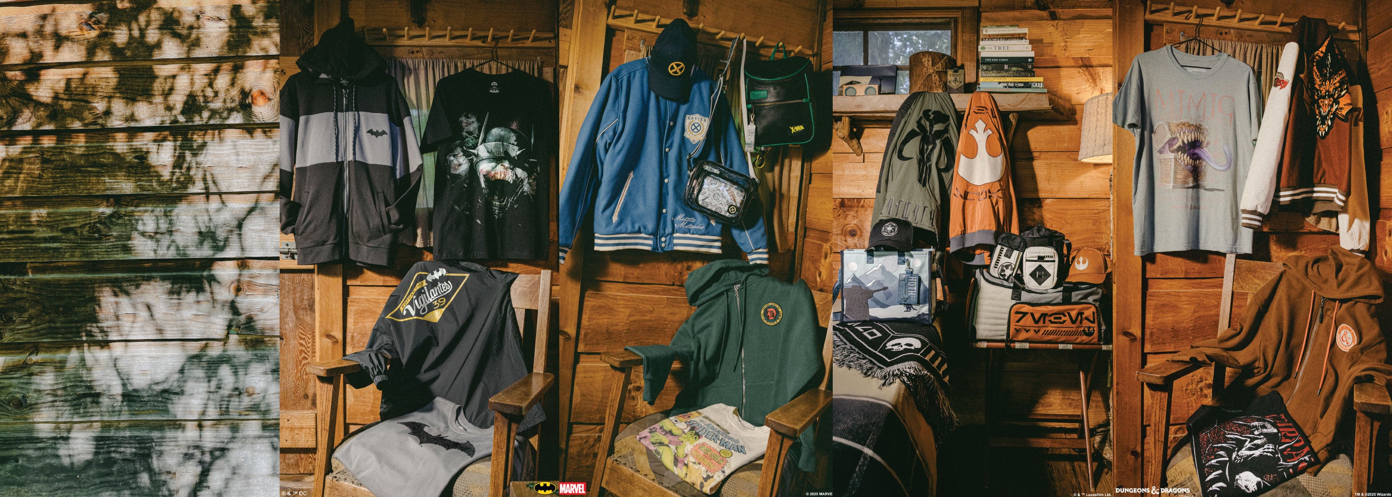 Wooden wall with various jackets and clothing items displayed