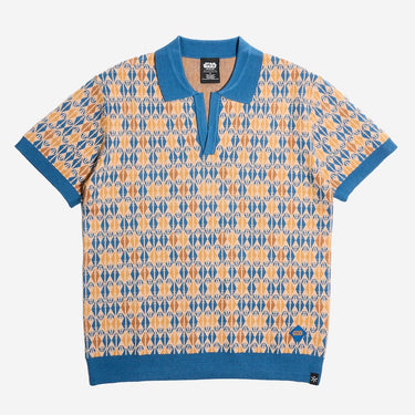 Short-sleeve polo with blue and orange star wars geometric pattern on a white background