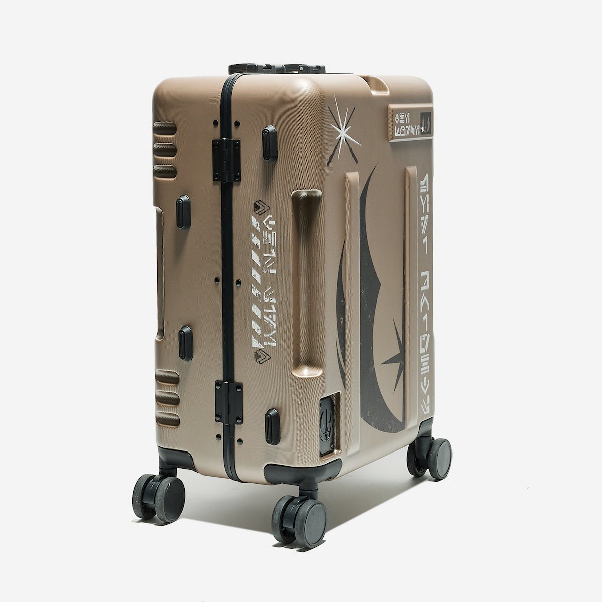 Beige suitcase with black accents on a white background