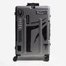 Gray star wars mandalorian themed suitcase with black design on a white background
