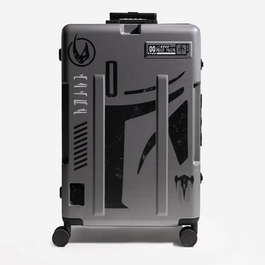 Gray star wars mandalorian themed suitcase with black design on a white background