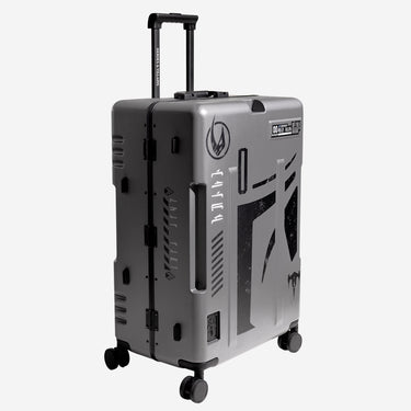 Gray star wars mandalorian themed suitcase with black design on a white background