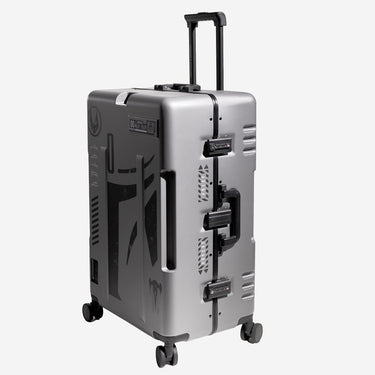 Gray star wars mandalorian themed suitcase with black design on a white background the suitcase is facing the left to show the built in locks