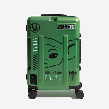 Green Star Wars Grogu Themed suitcase with a grogu face design and mando'a text on a white background