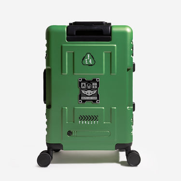 Green Star Wars Grogu Themed suitcase with metal badge showing Grogus face and black wheels 