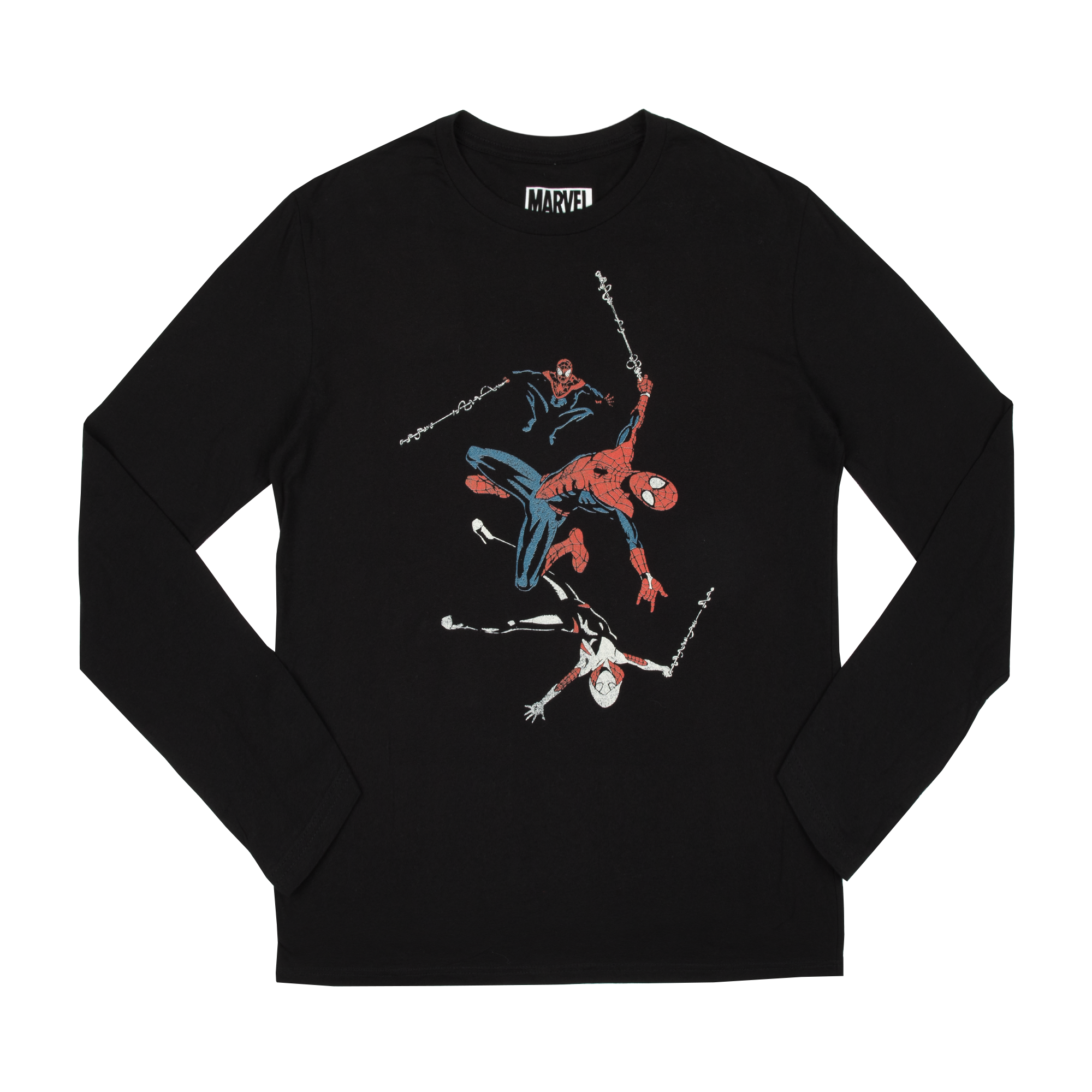 Spider-Man, Miles Morales, and Ghost Spider Web-Swinging Black Long Sleeve Tee