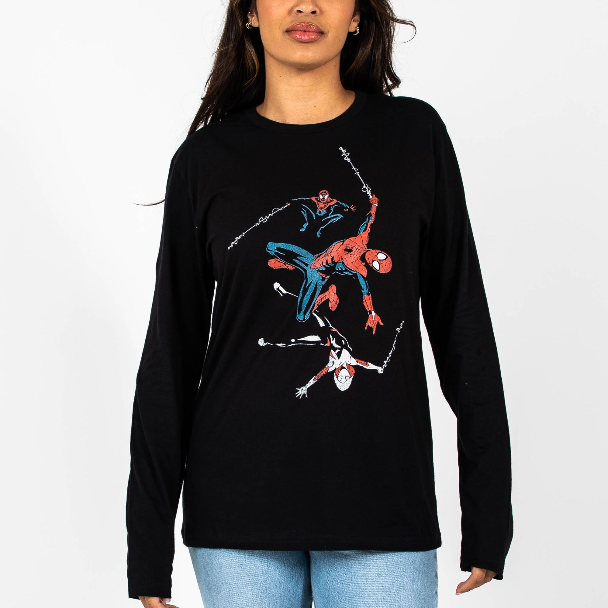 Spider-Man, Miles Morales, and Ghost Spider Web-Swinging Black Long Sleeve Tee