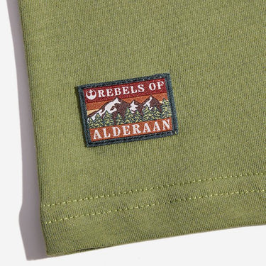 The close up shows a rectangular patch with the words "Rebels of" at the top and "Alderaan" at the bottom. Between the words is a small picture of a forest and mountains. 