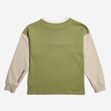 The back of a color blocked long sleeve shirt. The sleeves are a tan color while the collar is cream colored and the remainder is green. There is an embroidery on the left sleeve that reads "Built on hope" 