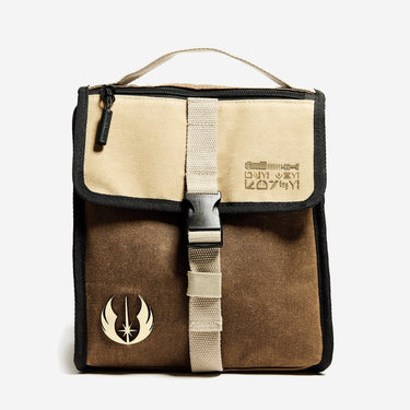 A Star Wars Jedi themed Lunch Box with a beige flap with aurebesh reading "Use the Force" and the main compartment is brown with a metal jedi logo