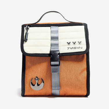 Star Wars Rebel Pilot Themed Lunch Bag. The Bag Features an Orange main container with a Beige flap using a 3 prong clip closure